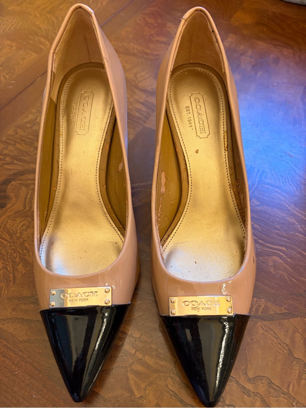 Coach Nude Tan and Black Patent Pointed-Toe Pumps